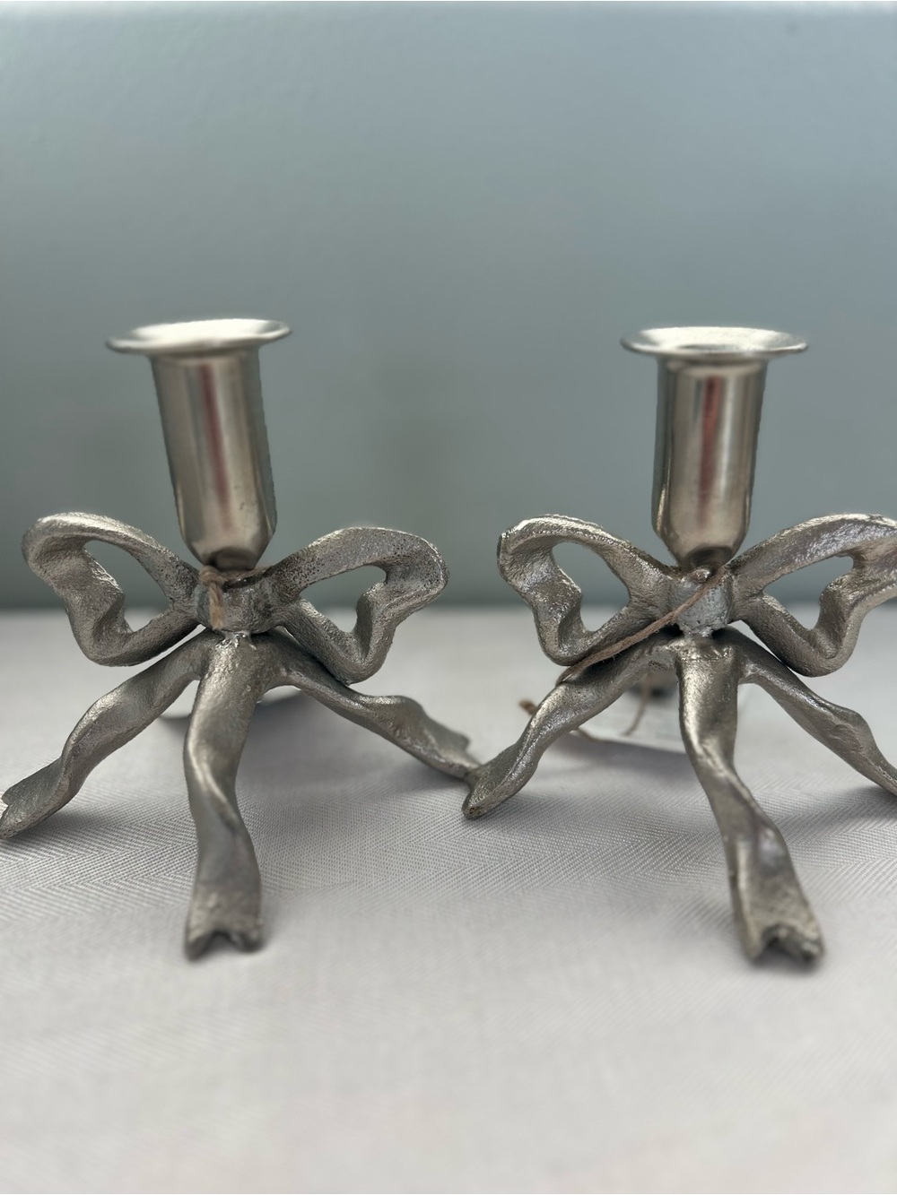 Metal Bow Accent Candle Holders - Silver Pair